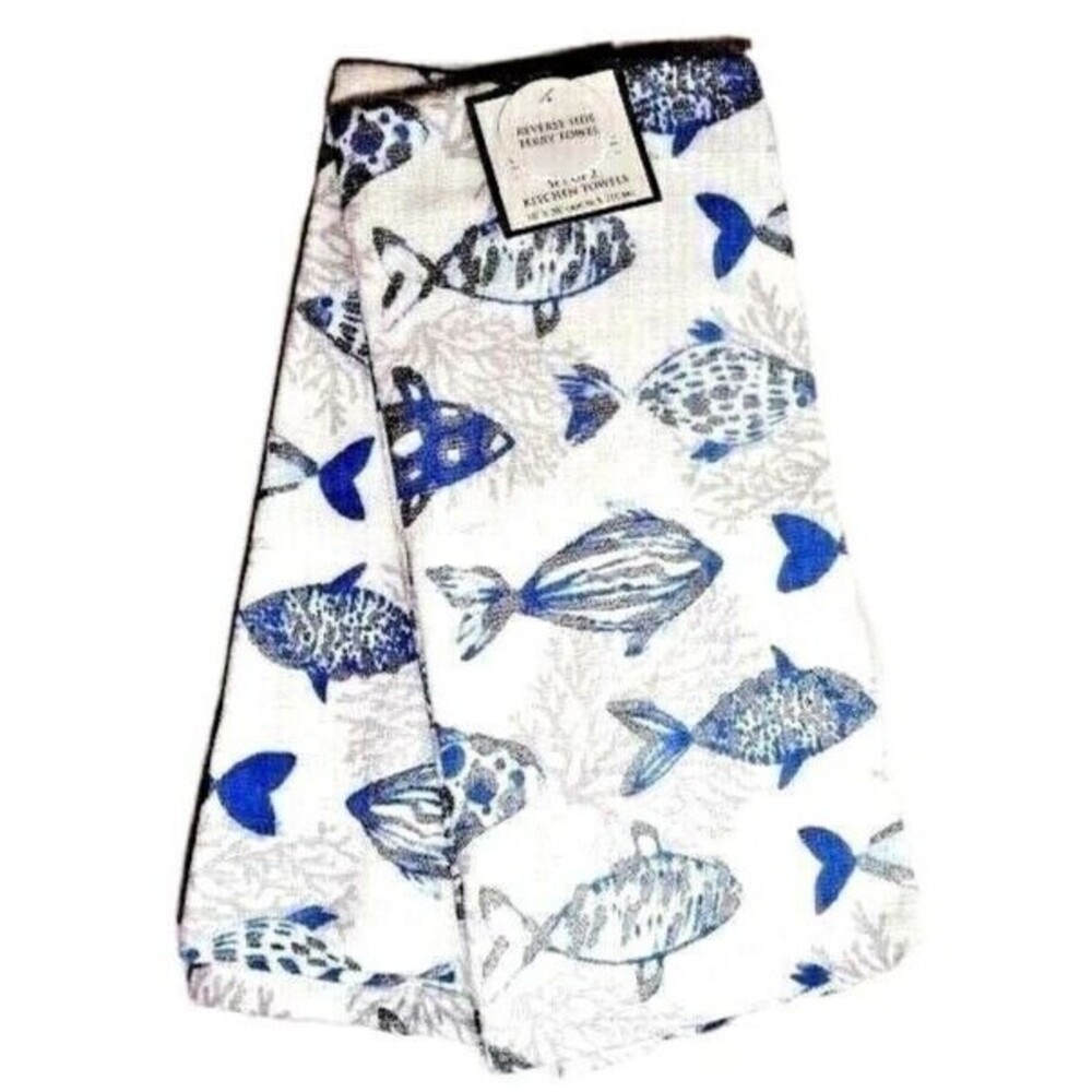 Coastal Fish Kitchen Towels Silver Sparkle Blue White Nautical Sea 2pc Gift NEW